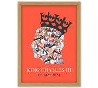 Artery8 King Charles III Coronation Date British Symbol Head Collage with Crown Red Design Artwork Framed Wall Art Print A4