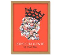King Charles III Coronation Date British Symbol Head Collage with Crown Red Design Artwork Framed Wall Art Print A4 Artery8 Light Oak One Size