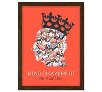 King Charles III Coronation Date British Symbol Head Collage with Crown Red Design Artwork Framed Wall Art Print A4 Artery8 Brown One Size