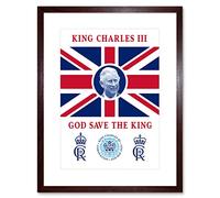 Artery8 King Charles III Coronation God Save the King Union Jack Crest and Emblem Artwork Framed Wall Art Print 9X7 Inch