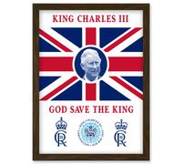 Artery8 King Charles III Coronation God Save the King Union Jack Crest & Emblem Artwork Framed Wall Art Print A4 in Brown Artery8 Brown