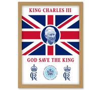 King Charles III Coronation God Save the King Union Jack Crest and Emblem Artwork Framed Wall Art Print A4 Artery8 Light Oak One Size