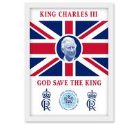King Charles III Coronation God Save the King Union Jack Crest and Emblem Artwork Framed Wall Art Print A4 Artery8 White One Size