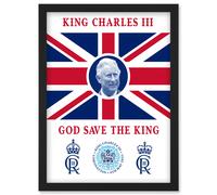King Charles III Coronation God Save the King Union Jack Crest and Emblem Artwork Framed Wall Art Print A4 Artery8 Black One Size