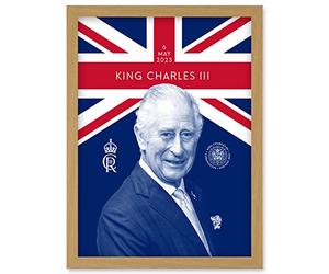 Artery8 King Charles III Coronation Reigning Under the Union Flag Royal Crest Emblem Artwork Framed Wall Art Print A4