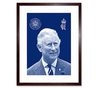 Artery8 King Charles III Coronation Royal Blue Portrait Picture with Crest and Emblem Artwork Framed Wall Art Print 9X7 Inch