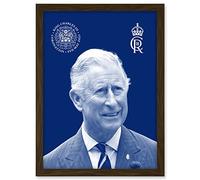 Artery8 King Charles III Coronation Royal Blue Portrait Picture with Crest and Emblem Artwork Framed A3 Wall Art Print