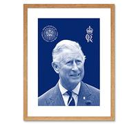 Artery8 King Charles III Coronation Royal Blue Portrait Picture with Crest and Emblem Artwork Framed Wall Art Print 9X7 Inch