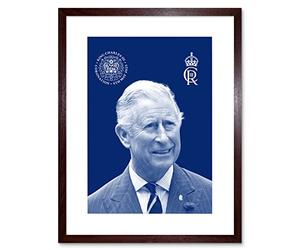 Artery8 King Charles III Coronation Royal Blue Portrait Picture with Crest and Emblem Artwork Framed Wall Art Print 9X7 Inch