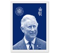 Artery8 King Charles III Coronation Royal Blue Portrait Picture with Crest and Emblem Artwork Framed Wall Art Print A4