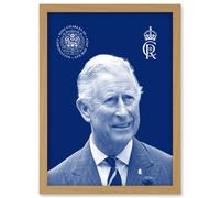 King Charles III Coronation Royal Blue Portrait Picture with Crest and Emblem Artwork Framed Wall Art Print A4 Artery8 Light Oak One Size