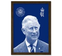 King Charles III Coronation Royal Blue Portrait Picture with Crest and Emblem Artwork Framed Wall Art Print A4 Artery8 Brown One Size