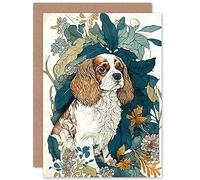 Artery8 King Charles Spaniel Dog in Leafy Plants Modern Illustration Art Birthday Sealed Greeting Card Plus Envelope Blank inside