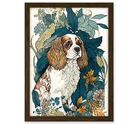 Artery8 King Charles Spaniel Dog in Leafy Plants Modern Illustration Artwork Framed A3 Wall Art Print