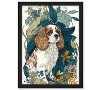 Artery8 King Charles Spaniel Dog in Leafy Plants Modern Illustration Artwork Framed A3 Wall Art Print