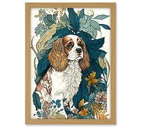 Artery8 King Charles Spaniel Dog in Leafy Plants Modern Illustration Artwork Framed A3 Wall Art Print