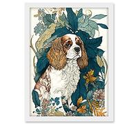 Artery8 King Charles Spaniel Dog in Leafy Plants Modern Illustration Artwork Framed A3 Wall Art Print
