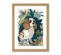Artery8 King Charles Spaniel Dog in Leafy Plants Modern Illustration Artwork Framed Wall Art Print 18X24 Inch