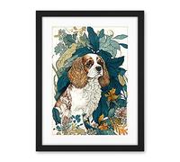 Artery8 King Charles Spaniel Dog in Leafy Plants Modern Illustration Artwork Framed Wall Art Print 18X24 Inch