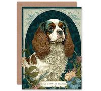 Artery8 King Charles Spaniel Dog with Flower Blooms Modern Art Nouveau Illustration Art Birthday Sealed Greeting Card Plus Envelope Blank inside