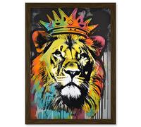 King Lion wearing Crown Modern Stencil Graffiti Artwork Framed Wall Art Print A4 Artery8 Brown One Size