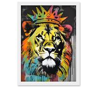 King Lion wearing Crown Modern Stencil Graffiti Artwork Framed Wall Art Print A4 Artery8 White One Size
