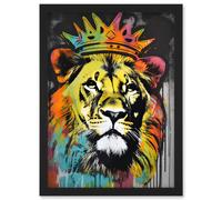 Artery8 King Lion wearing Crown Modern Stencil Graffiti Artwork Framed Wall Art Print A4 in Black Artery8 Black
