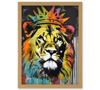 King Lion wearing Crown Modern Stencil Graffiti Artwork Framed Wall Art Print A4 Artery8 Light Oak One Size