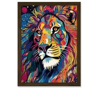Artery8 King of the Jungle Lion Head Psychedelic Folk Portrait Vibrant Colourful Patterns Artwork Framed A3 Wall Art Print