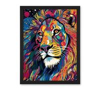 Artery8 King of the Jungle Lion Head Psychedelic Folk Portrait Vibrant Colourful Patterns Artwork Framed Wall Art Print 18X24 Inch