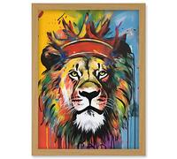Artery8 King of the Jungle Lion with Crown Modern Pop Art Artwork Framed Wall Art Print A4