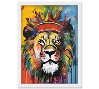 King of the Jungle Lion with Crown Modern Pop Art Artwork Framed Wall Art Print A4 Artery8 White One Size