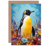 Artery8 King Penguin Floral Flowers Colourful Fun for Wife Her Mum Sister Daughter Mom Gran Nan Birthday Thank You Congratulations Blank Art Greeting Card