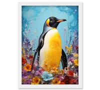 Artery8 King Penguin in Colourful Floral Flowers Nest Thick Paint Oil Painting Yellow Black Blue Colourful Artwork Framed Wall Art Print A4