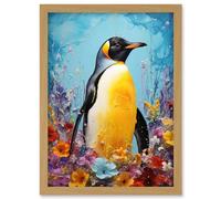 Artery8 King Penguin in Colourful Floral Flowers Nest Thick Paint Oil Painting Yellow Black Blue Colourful Artwork Framed Wall Art Print A4