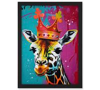 Artery8 King Queen Giraffe Wearing a Crown Modern Pop Art Artwork Framed A3 Wall Art Print