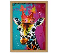 Artery8 King Queen Giraffe Wearing a Crown Modern Pop Art Artwork Framed Wall Art Print A4