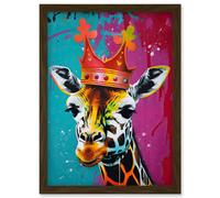 Artery8 King Queen Giraffe Wearing a Crown Modern Pop Art Artwork Framed Wall Art Print A4