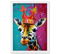 Artery8 King Queen Giraffe Wearing a Crown Modern Pop Art Artwork Framed Wall Art Print A4