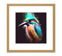 Artery8 Kingfisher Abstract Paint Splatter Bird Watercolour Painting Teal Turquoise Orange Square Wooden Framed Wall Art Print Picture 8X8 Inch Artery8 Light Oak