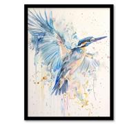 Artery8 Kingfisher Bird in Flight Watercolour Painting Framed Art Print in Blue | Size: W12" x H16" Artery8 Blue W12" x H16"