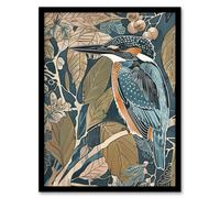 Kingfisher Bird on Tree Branch Blue Botanical Framed Art Print Artery8 Blue A4