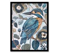 Kingfisher Bird Wildflowers Artwork Blue Floral Framed Art Print Artery8 Blue A4