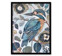 Artery8 Kingfisher Bird Wildflowers Artwork Blue Floral Living Room Artwork Framed Wall Art Print A4