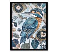Artery8 Kingfisher Bird Wildflowers Artwork Blue Floral Framed Art Print | Size: A4 Artery8 Blue A4