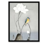 Artery8 Kingfisher With Lotus Flower Vintage Japan Framed Wall Art Print Koson in Grey | Size: W12" x H16" Artery8 Grey W12" x H16"
