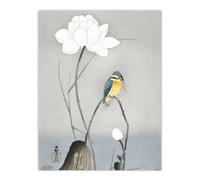 Artery8 Kingfisher With Lotus Flower Vintage Japan Wall Art Print Koson in Grey | Size: W12" x H16" Artery8 Grey W12" x H16"