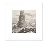 Artery8 Kircher Tower Babel Biblical Myth Engraving 8X8 Inch Square Wooden Framed Wall Art Print Picture with Mount in White Artery8 White