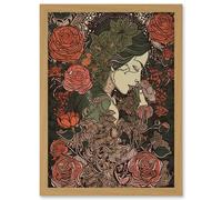 Artery8 Kiss from a Rose Floral Red and Green Illustration Artwork Framed Wall Art Print A4