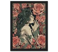 Artery8 Kiss from a Rose Pastel Red and Green Illustration Artwork Framed A3 Wall Art Print